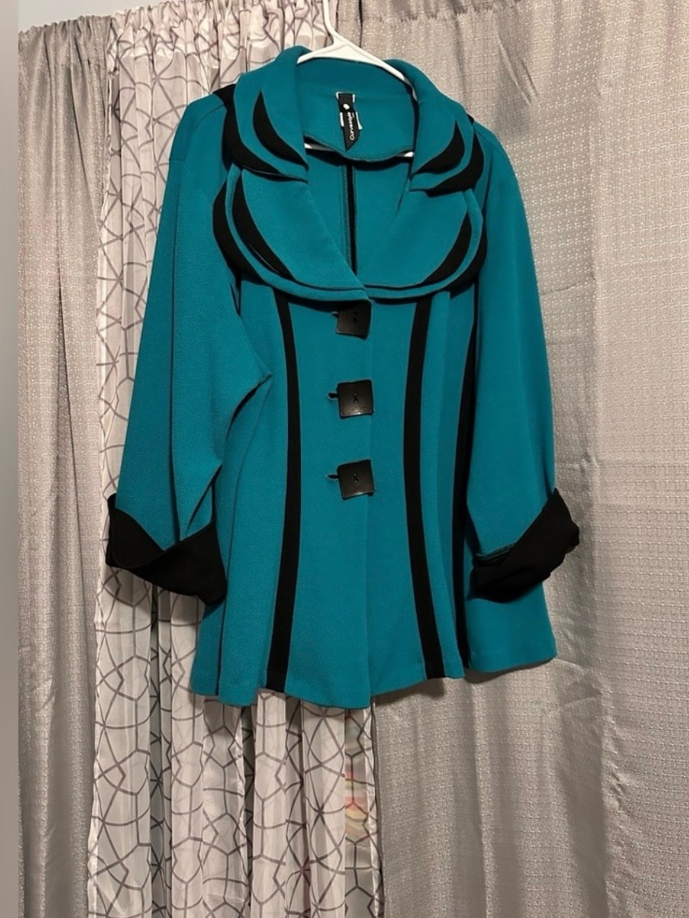 Teal and Black Statement Coat with Decorative Collar